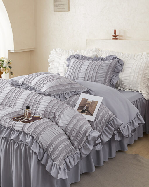 Elosung Grey Seersucker Ruffle Duvet Cover – image 2
