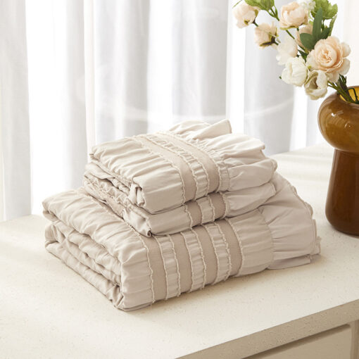 Elosung Beige Ruffle Duvet Cover, Textured Seersucker – image 2