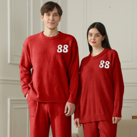 Elosung Women's Fleece Pyjama Set, Red Knitted Pattern – image 1