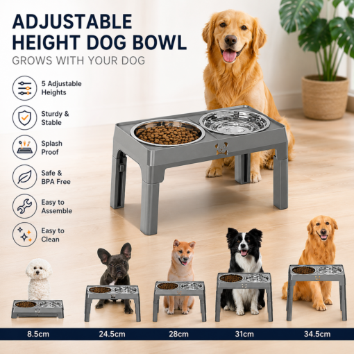 Elosung Elevated Dog Bowl Stand, 5 Height Settings – image 1