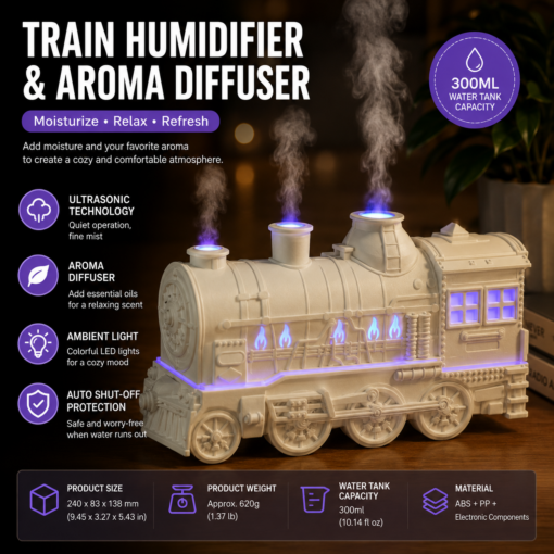 V888-ELOSUNG53551-00.png Elosung Retro Train Aroma Diffuser with Mist Rings – image 1