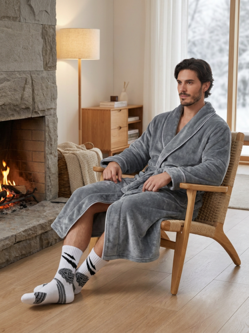 Elosung Grey Flannel Robe with 2 Sock Pairs – image 3