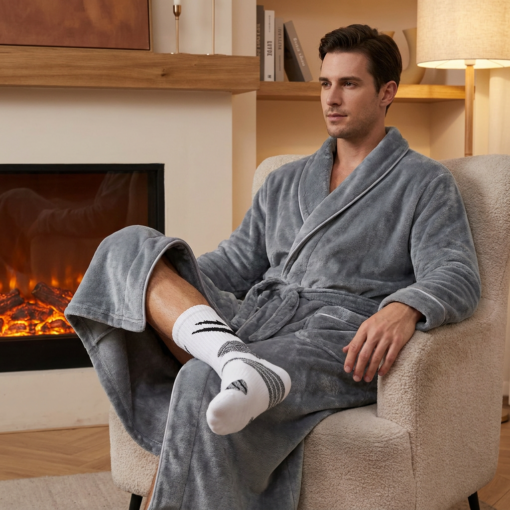 Elosung Grey Flannel Robe with 2 Sock Pairs – image 4